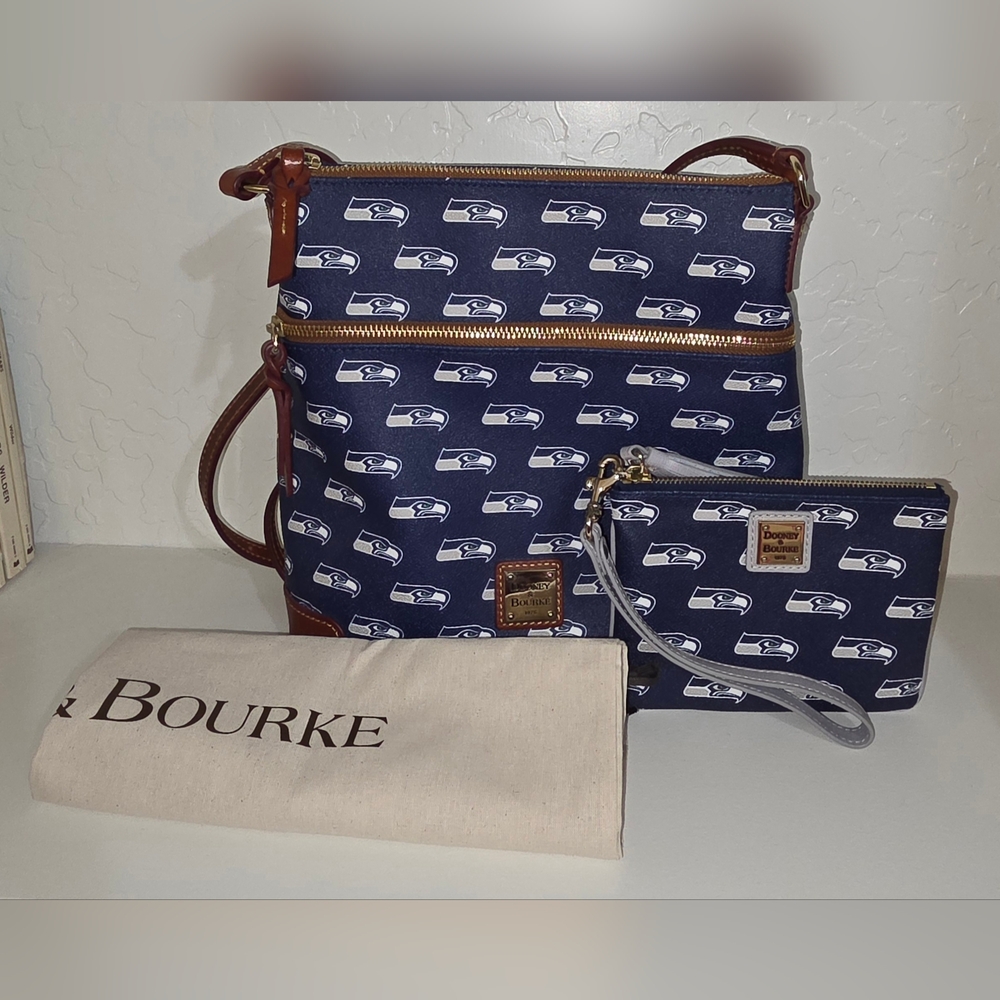 Dooney & Bourke Navy White Seattle Seahawks Print Crossbody with Wristlet